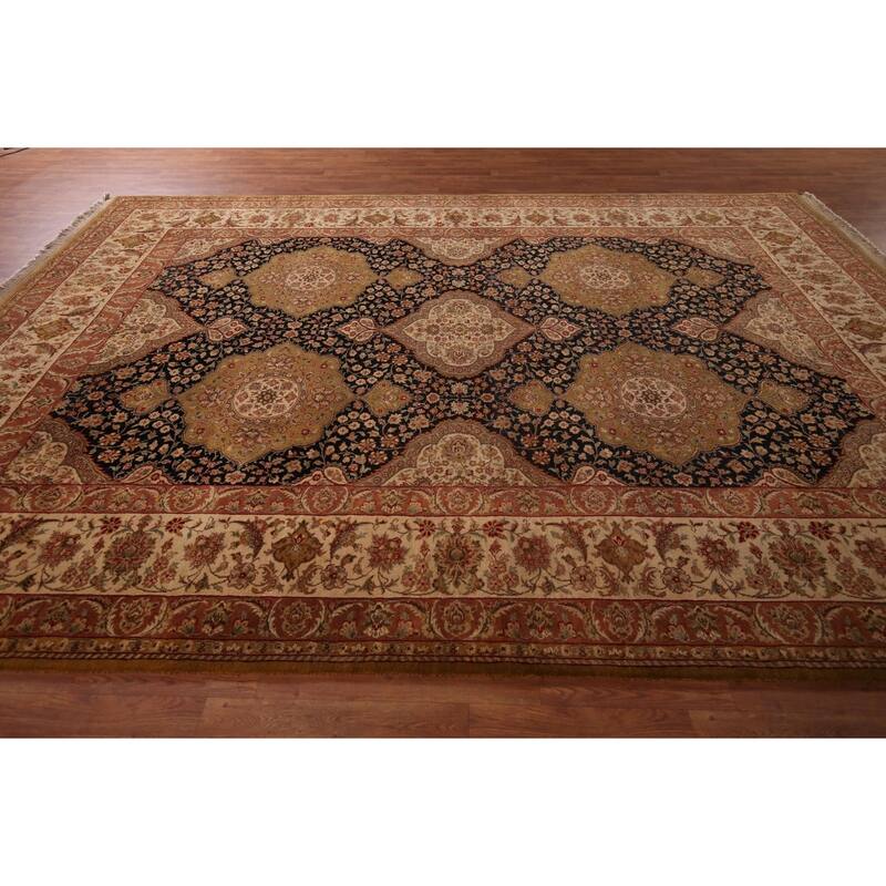 Black Floral Agra Oriental Area Rug Hand-Knotted Wool Carpet - 9'4" X 12'8"