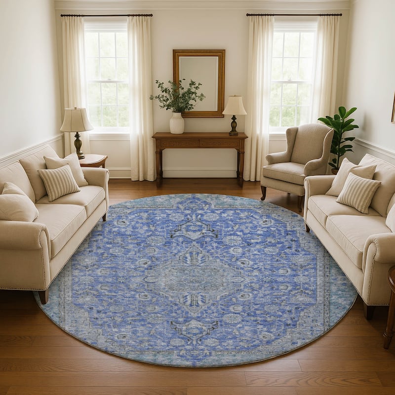 Premium Washable Super Soft Vintage Traditional Mayfield Rug - Blue - 8' x 8'
