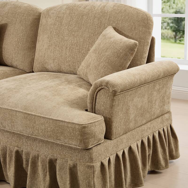 2-Seater L Shaped Sofa Couch, Lounge Sofa with Removable Ruffles Pleats Skirts, Loveseat Sofa with Movable Ottoman