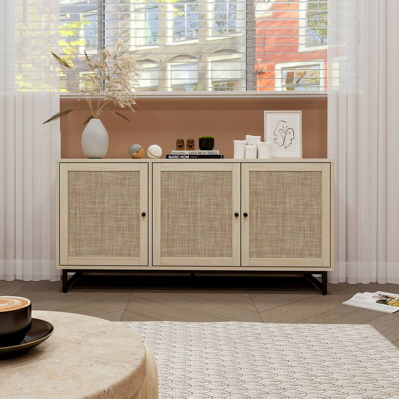 Accent Storage Cabinet With Doors And Shelves, Sideboard Wood Buffet Cabinet, Adjustable Interior Shelves and Cane Doors