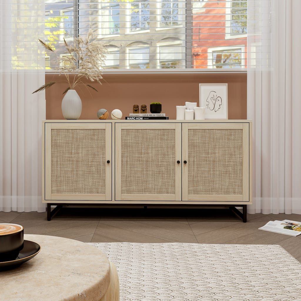 Accent Storage Cabinet With Doors And Shelves, Sideboard Wood Buffet Cabinet, Adjustable Interior Shelves and Cane Doors