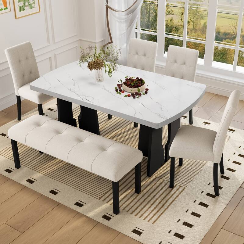 6 Piece Modern Dining Table Set, 63" Faux Marble Dining Table and 4 Upholstered Tufted Dining Chairs