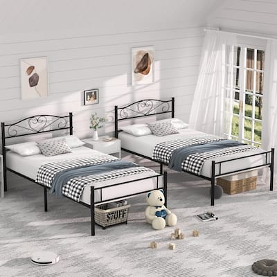 VECELO Twin Size Metal Bed Frame Set of 2, Heavy Duty Platform Beds with Headboard, No Box Spring Needed, Under Bed Storage