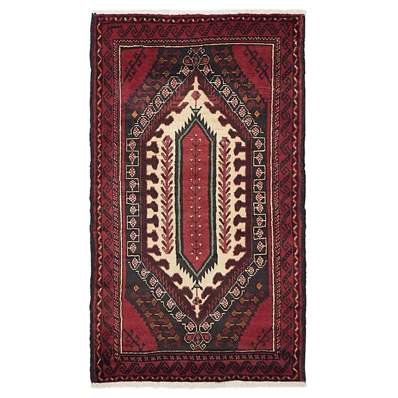ECARPETGALLERY Hand-knotted Baluch Cream, Dark Red Wool Rug - 3'4 x 5'10