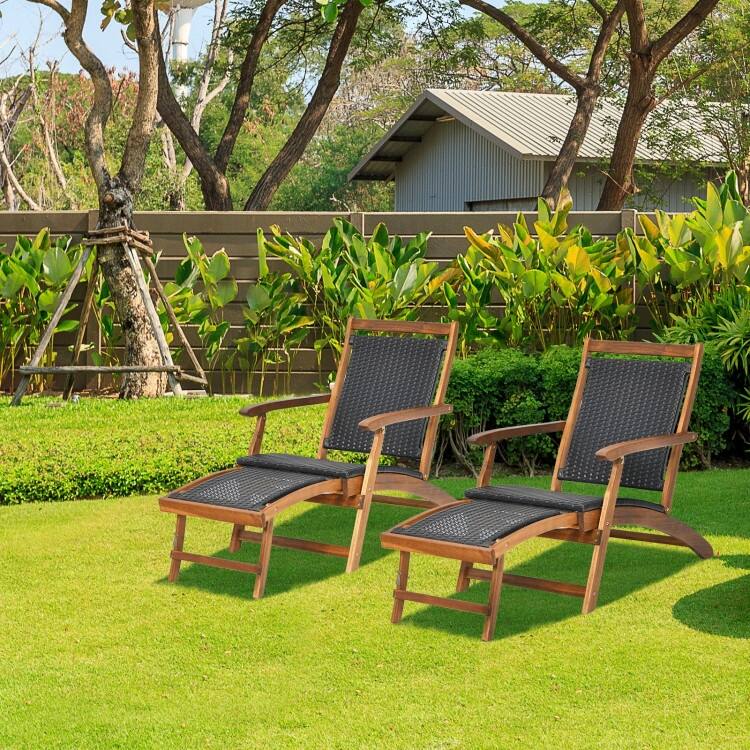 Patio Rattan Folding Lounge Chair with Acacia Wooden Frame Retractable Footrest - 24" x 51.5" x 32.5"(L x W x H)