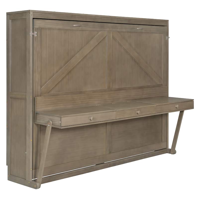 Queen Murphy Bed with Storage & Vanity Desk, Wall Mounted Folding Cabinet Bed with Mirror and Drawers for Small Space