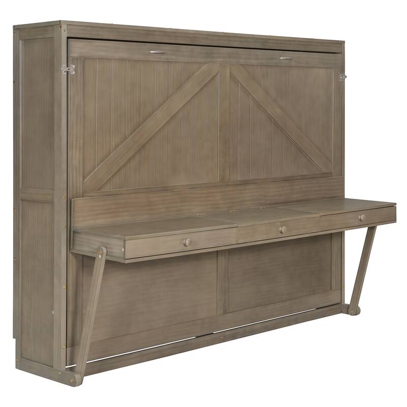 Space-Saving Queen Murphy Bed with Vanity Desk, Mirror & Storage Drawers in Distressed Gray