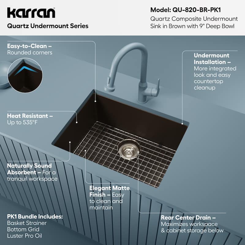 Karran Undermount 24.38 in Single Bowl Quartz Kitchen Sink Kit