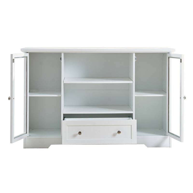 Pantry cabinet with two glass-paneled doors, two open shelves, and a spacious central drawer for versatile organization