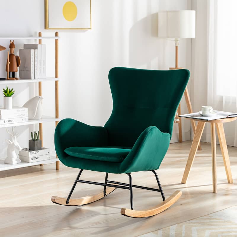 High Back Velvet Rocking Chair With Padded Seat And Armrests