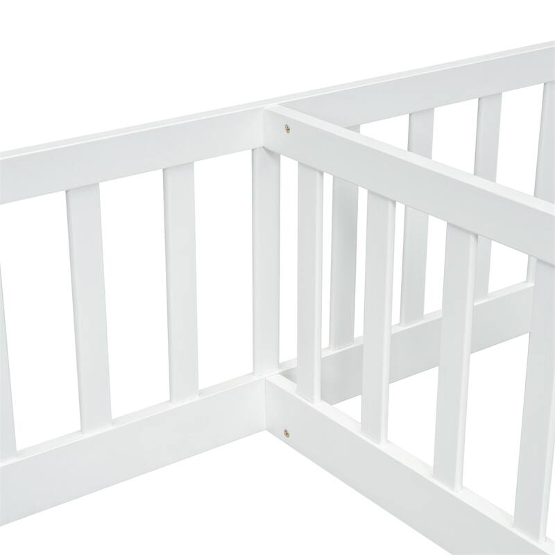 Double Twin Floor Bed with Fence, Guardrails, Without Door