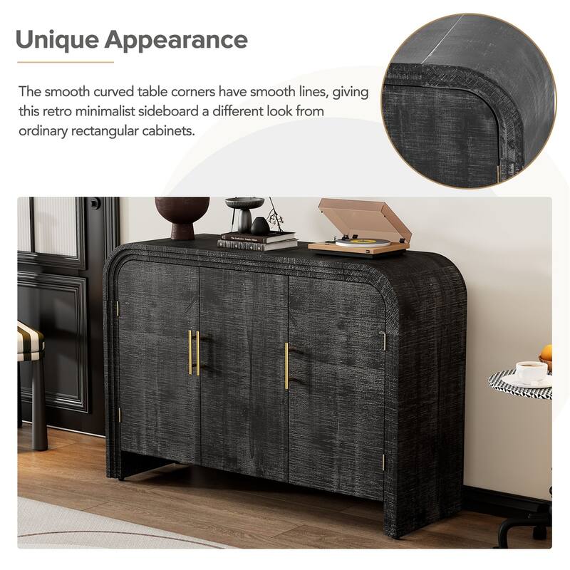 Retro Minimalist Curved Sideboard w/Gold Handles & Adjustable Dividers