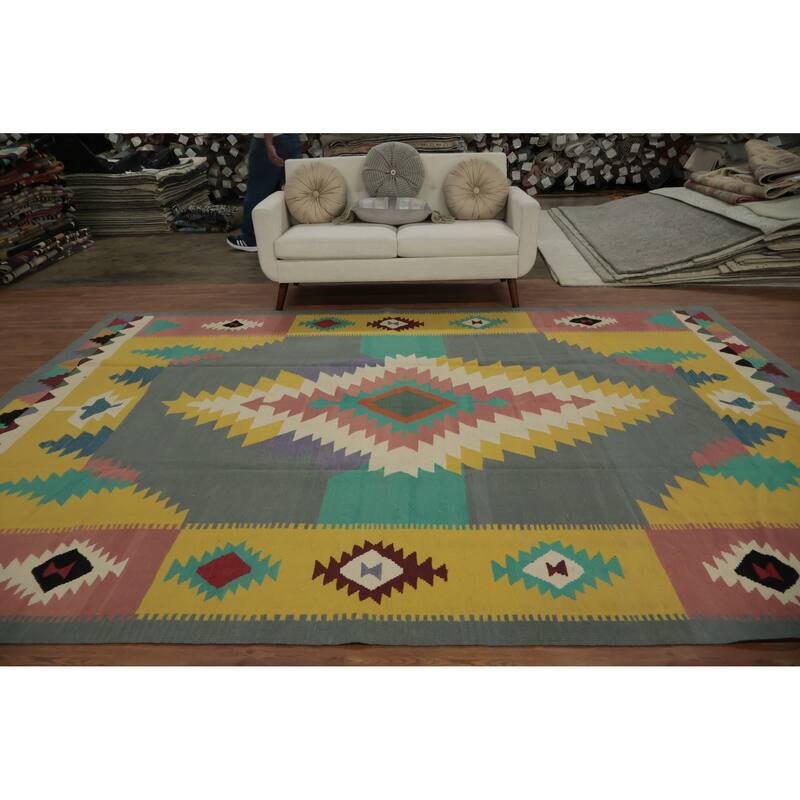 Hand Woven Oriental 100% Wool Carpet Southwestern Tribal Greys & Charcoal Kilim Area Rug - 11' 10'' X 8' 10''