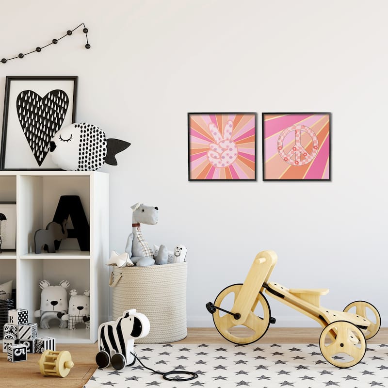 Stupell Groovy Peace Symbols on Stripes Framed Giclee Art Design By Jesse Keith (Set of 2)