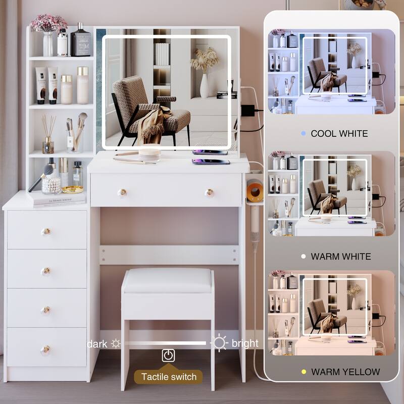 37" Middle Size Left Bedside Cabinet Vanity Table + Cushioned Stool Dresser Set, Large Touch Control LED Sliding Mirror