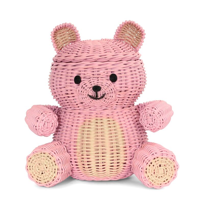 Pink Bear Rattan Storage Basket with Lid Decorative Home Decor Hand Woven Shelf Organizer Cute Handmade Handcrafted Gift Art