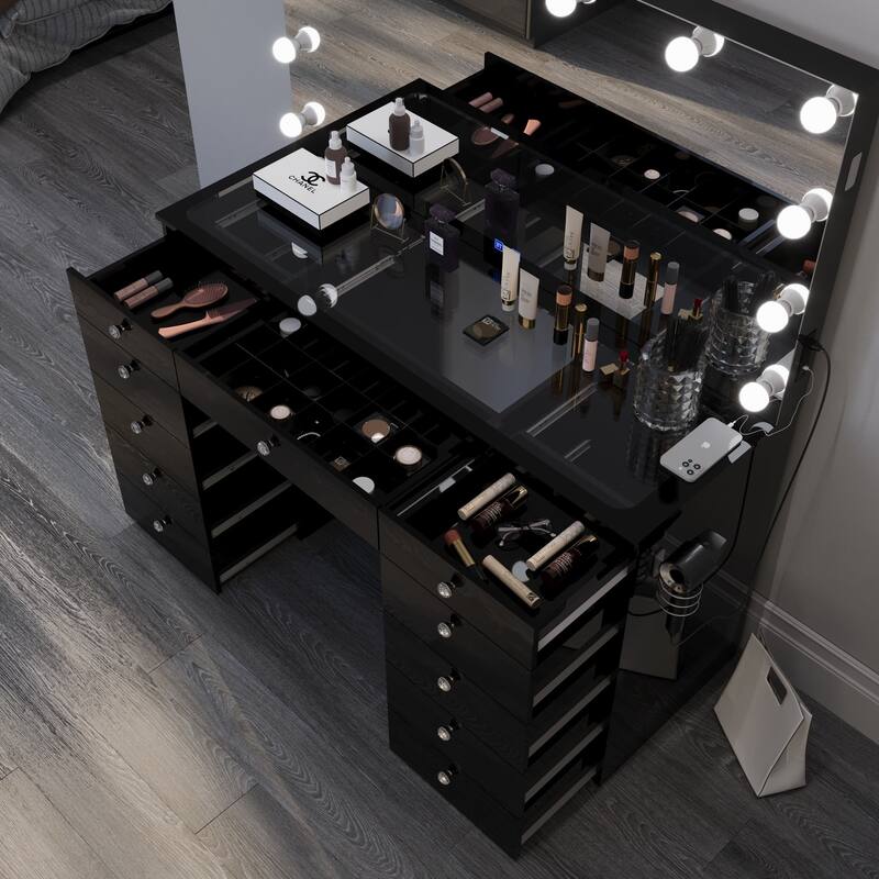 Boahaus Elle Makeup Vanity with Bluetooth Speaker, 12 Lights, and 11 Drawers