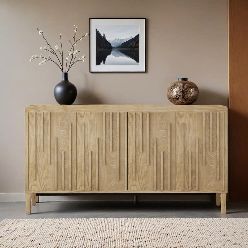 59.8" 4-Door Sideboard,Hidden Handle,Distinctive Solid Ash Veneer Buffet with Storage, Farmhouse Sideboard TV Stand - Natural