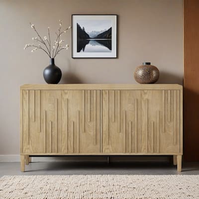 59.8" 4-Door Sideboard,Hidden Handle,Distinctive Solid Ash Veneer Buffet with Storage, Farmhouse Sideboard TV Stand