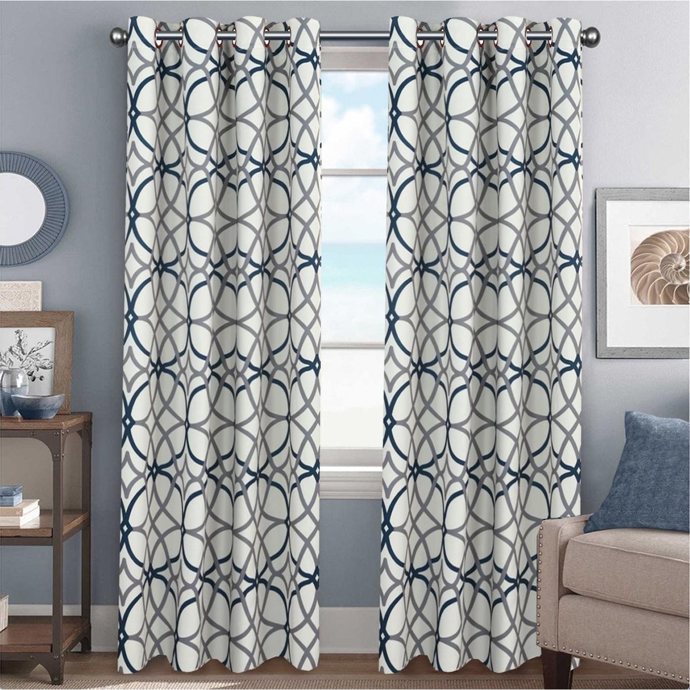 at Home 2-Pack White & Linen Metallic Embroidered Geo Grommet Curtain Panels, 84