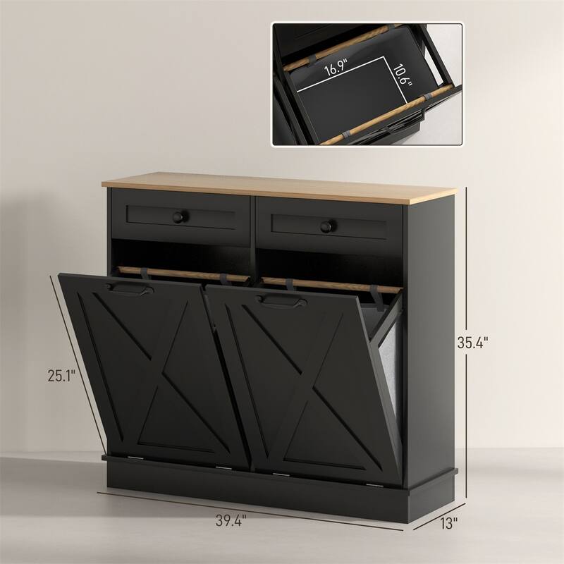 Black Tilt-Out Laundry Cabinet with Dual Hampers & Top Drawers MDF, Compact, Multi-Use - 39.4" L x 13" W x 35.4" H