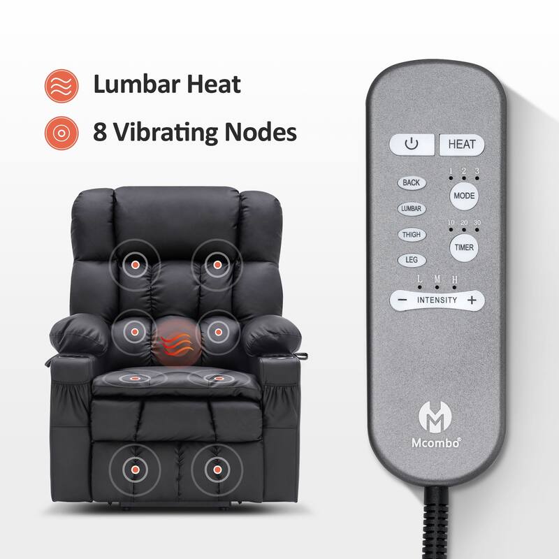 MCombo Medium Dual Motor Power Lift Recliner Chair Infinite Position, Massage and Heat, Extended Footrest, Faux Leather 7890