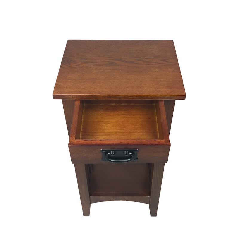 Wooden Pedestal Stand with 1 Drawer and Open Bottom Shelf, Oak Brown
