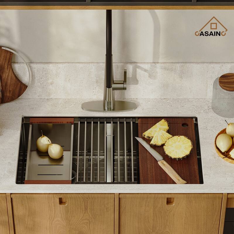 Stainless Steel 33 in. Double Bowl Undermount Workstation Kitchen Sink with Kitchen Faucet and Accessories
