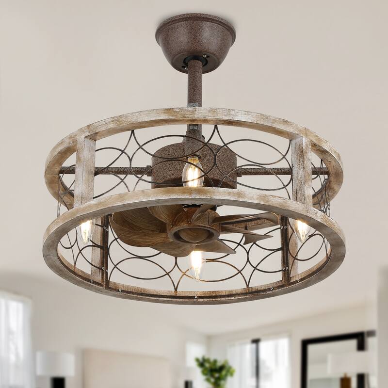 Cusp Barn 18'' Farmhouse Flush Mount Wood Ceiling Fan with Light, Rustic Bladeless Caged Ceiling Light, Antique Fandelier