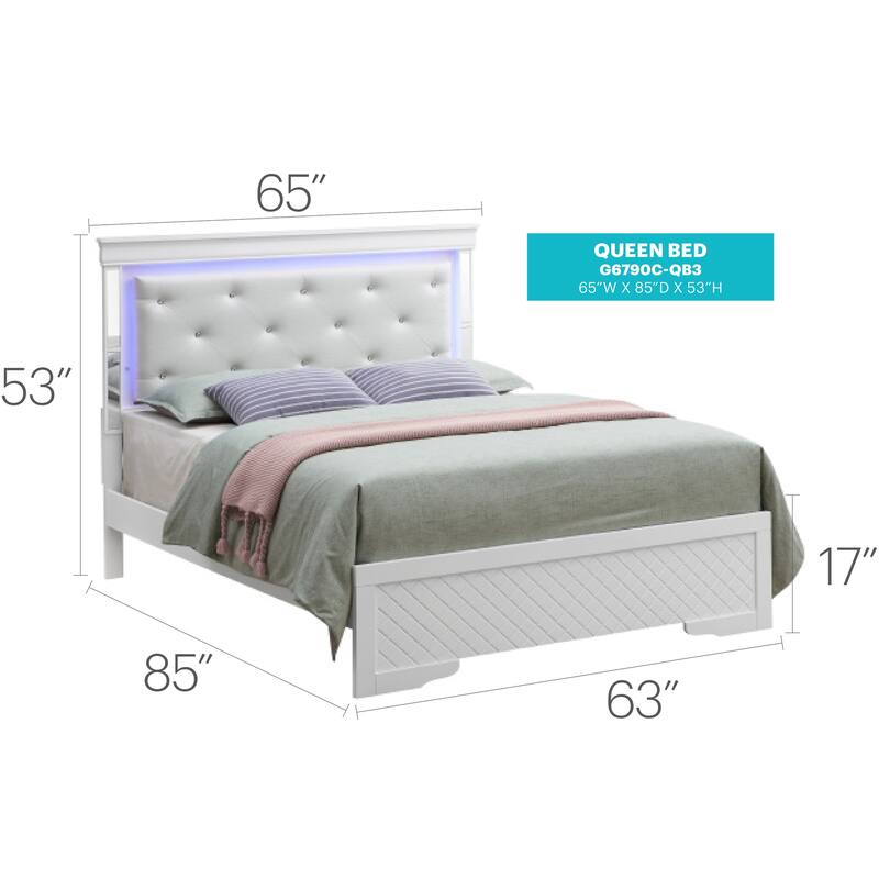 Queen Size Bed with LED Headboard & Jeweled Tufted Leather, Silver Champagne Finish, Wood Veneer Construction