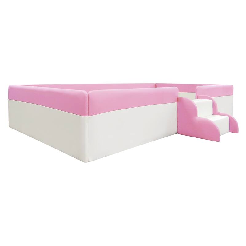Twin Size Upholstered Daybed Frame with Fence and Stairs in Pink and White