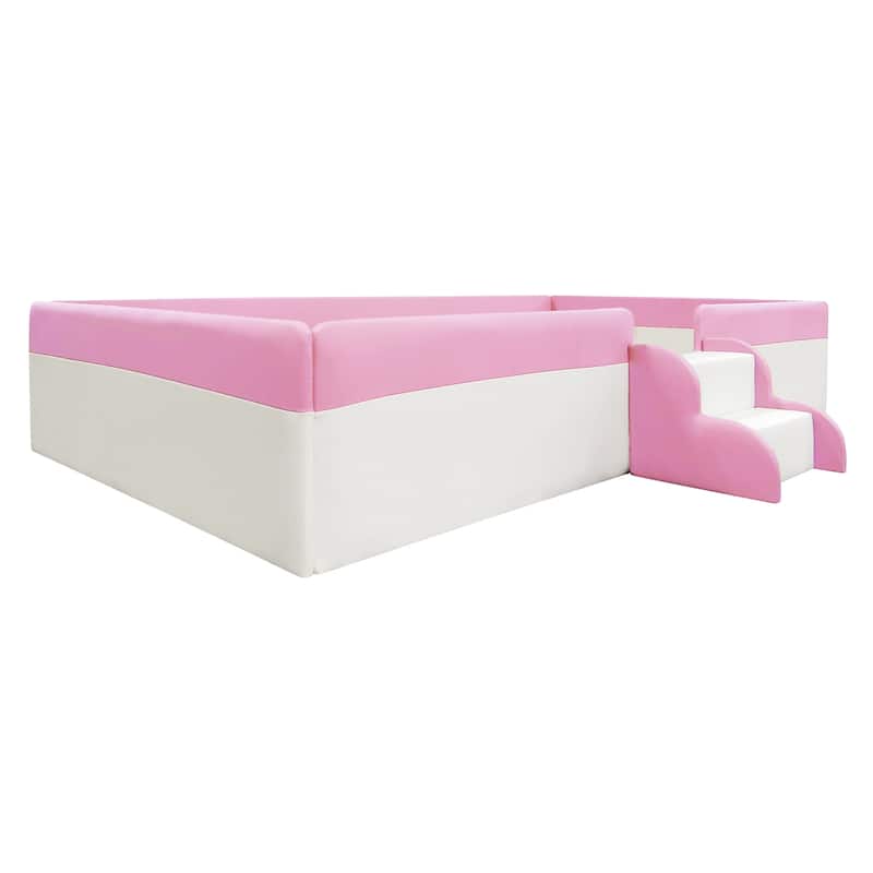 Upholstered Daybed Frame Two-color Grounded Toddler Floor Bed Low Profile Sofa Bed with Fence and Stairs Wood Slat Support Bed