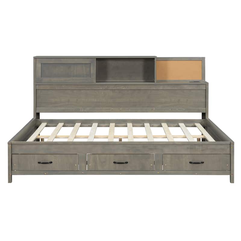 Full Size Wooden Daybed with 3 Storage Drawers, Upper Soft Board, shelf, and a set of Sockets and USB Ports