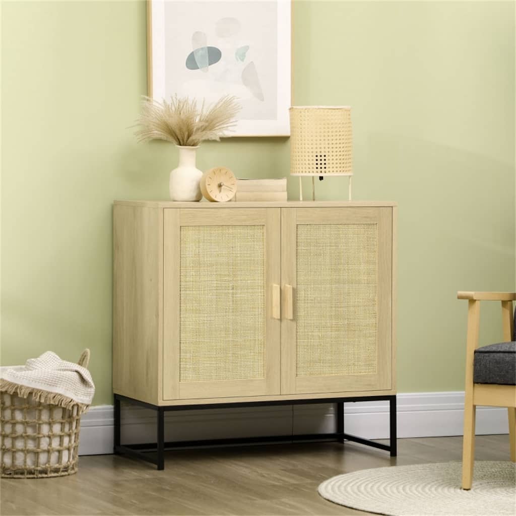 2-Door Natural Rattan Kitchen Sideboard with Storage and Steel Legs for Living Room - 31.5" L x 15.75" W x 31.5" H