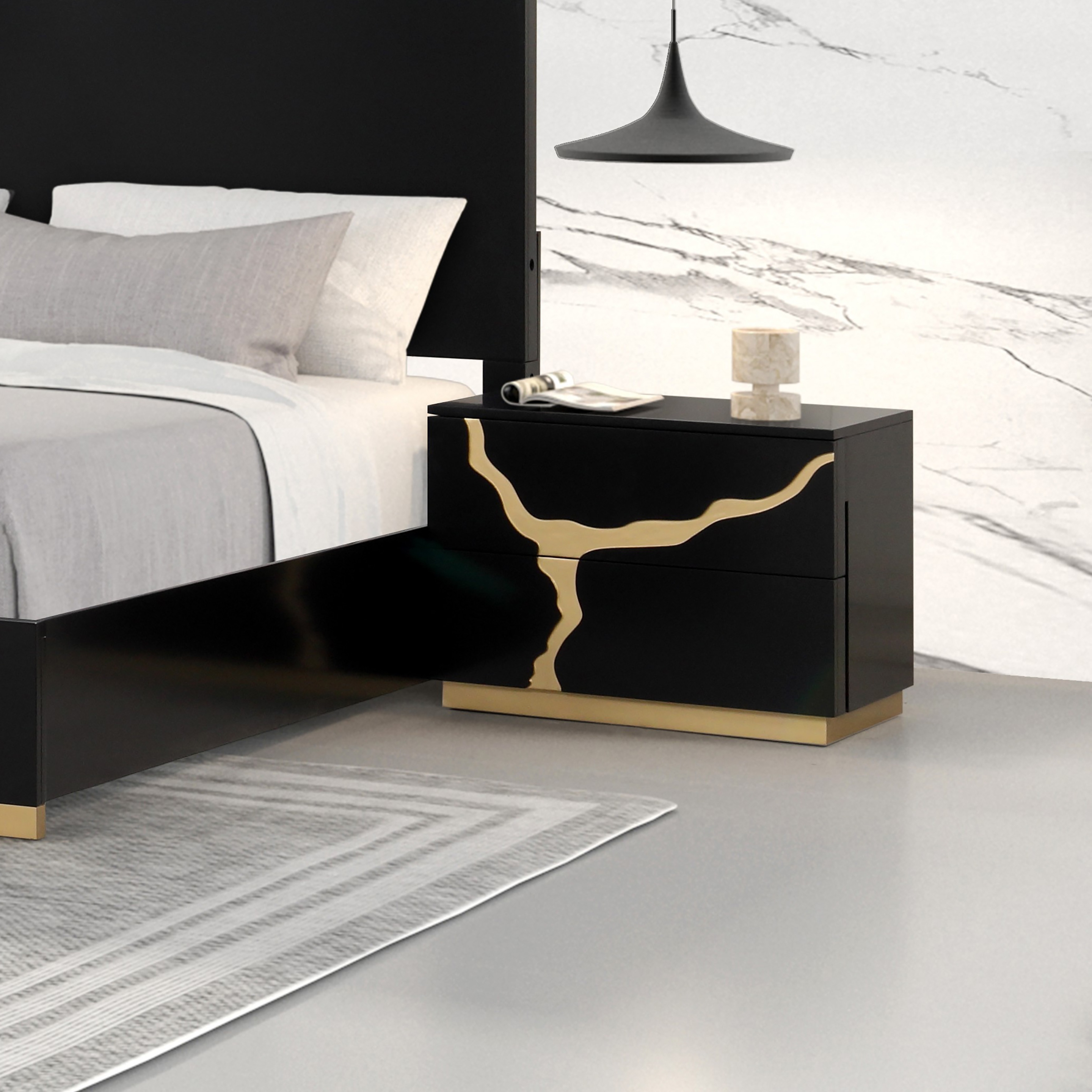 Furniture of America Kismet Modern Black Wood 2-Drawer Nightstand with Gold Accents