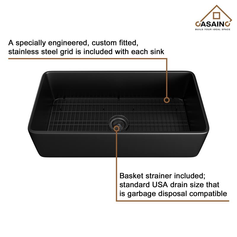 Farmhouse/Apron-Front Single Bowl Fireclay Kitchen Sink with 3-Function Pull-Down Faucet, Bottom Grid, and Basket Strainer
