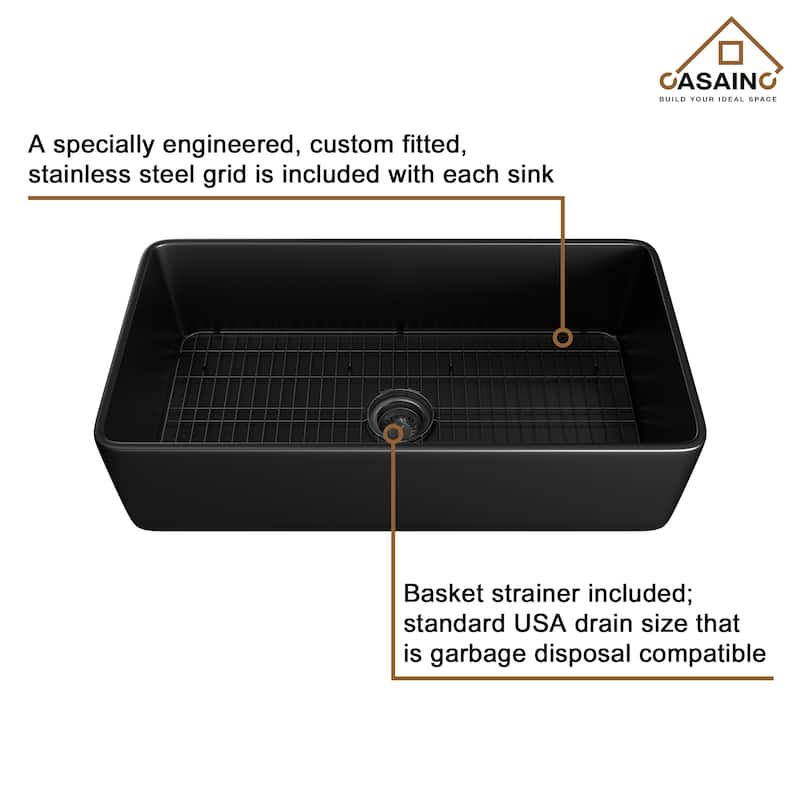 Farmhouse/Apron-Front Single Bowl Fireclay Kitchen Sink with 3-Function Pull-Down Kitchen Faucet, Grid, and Basket Strainer