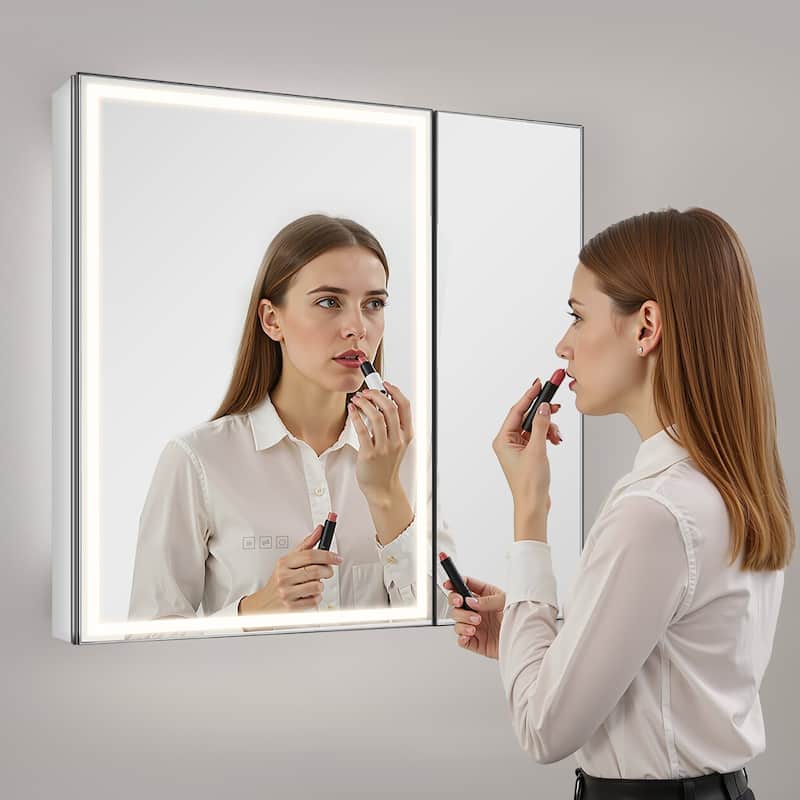 Wall Mount LED Lighted Bathroom Mirror Cabinet with Anti-Fog and Dimmable Built-In Socket - 29.9” x 4.9” x 27.9”