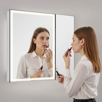 Wall Mount LED Lighted Bathroom Mirror Cabinet with Anti-Fog and Dimmable Built-In Socket - 29.9” x 4.9” x 27.9”