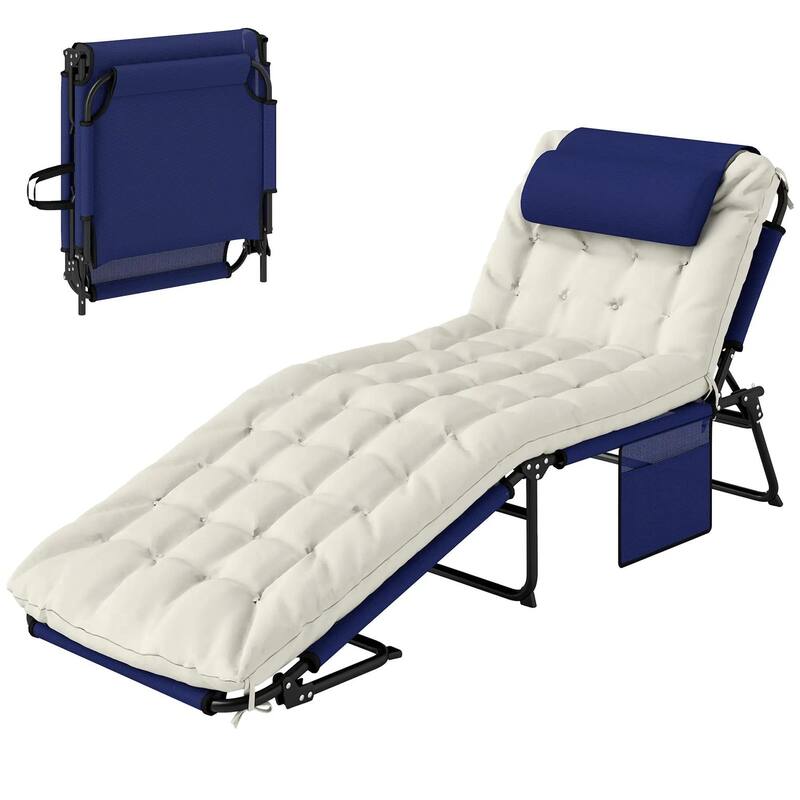 Folding Chaise Lounge Chair,4-Pos Recliner,Cushion,Pocket,Headrest