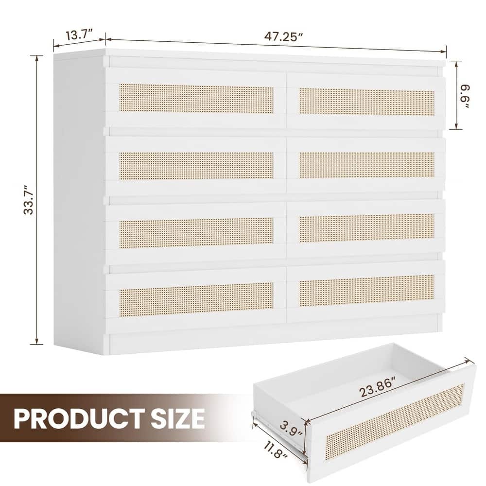 Rattan Dresser for Bedroom, Closet, Wooden Dresser with 8 Drawers, Modern Chest of Drawers with Large Storage
