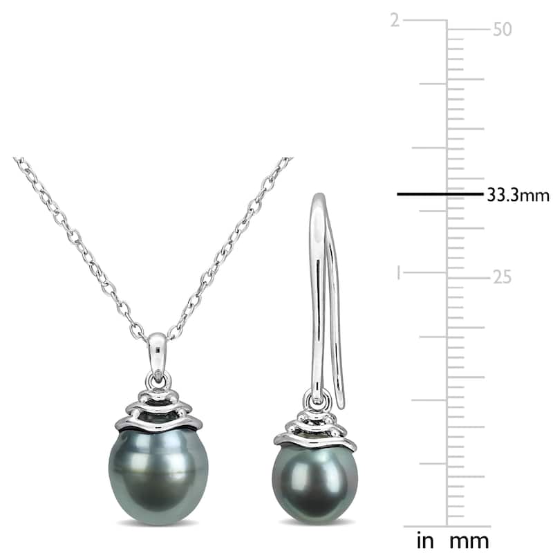 Miadora 8-8.5 MM & 9-9.5 MM Cultured Black Tahitian Pearl Earrings Necklace Set Sterling Silver