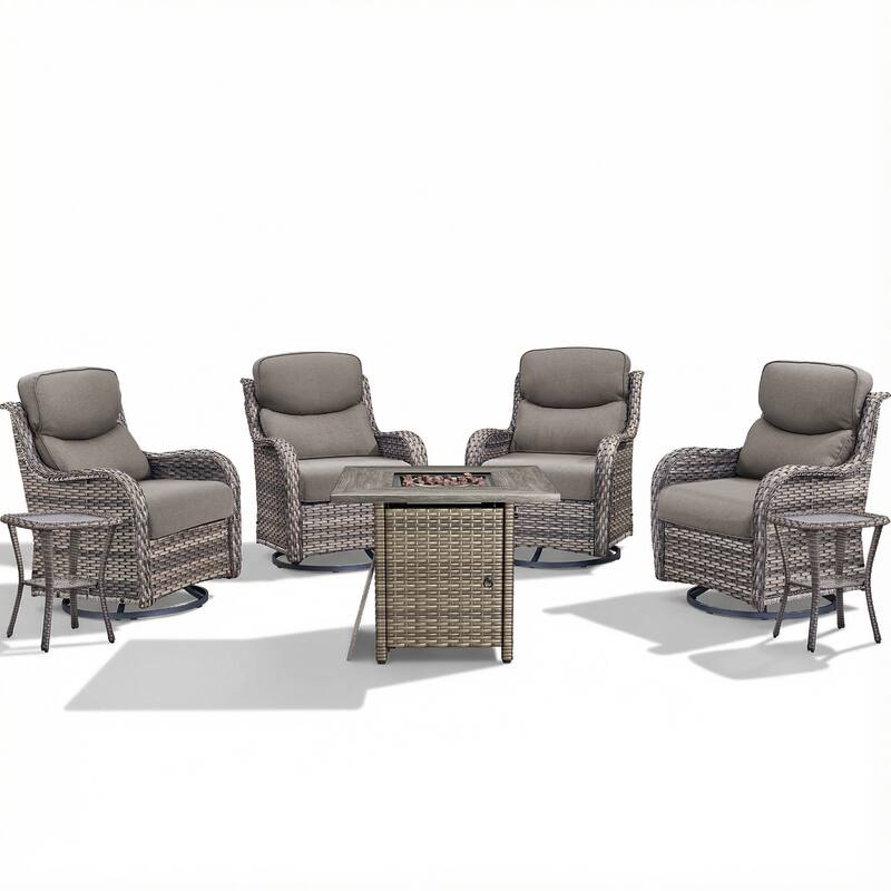 Pocassy Outdoor Propane Fire Pit Table with Sofa Swivel Chair Funiture Set.