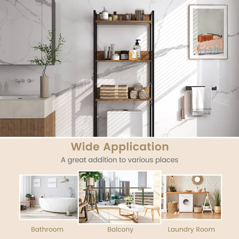 3-Tier Over-The-Toilet Bathroom Storage Rack Rustic Brown Wood and Steel Organizer with Hooks - 23.5" x 9.5" x 68" (L x W x H)