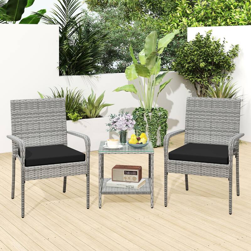 Gymax 3 Pieces Patio Furniture Set PE Rattan Porch Chairs w/ 2-Tier