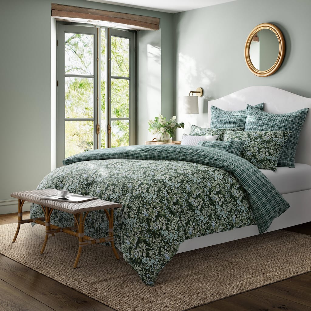 Laura Ashley Bramble Floral Cotton Green Duvet Cover Bonus Set