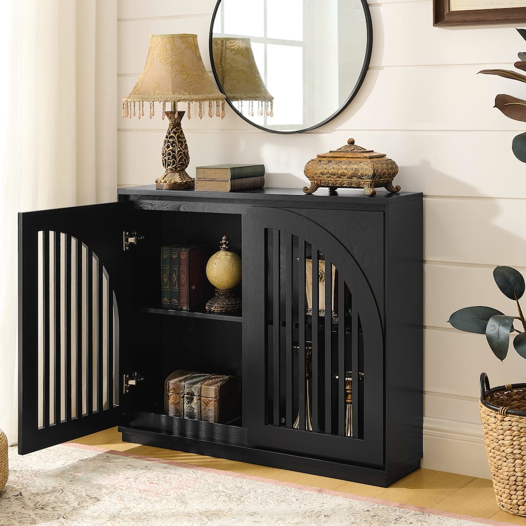 Mid Century Modern Fluted Sideboard Cabinet with 2 Outlet Holes, Buffet Cabinet with Storage