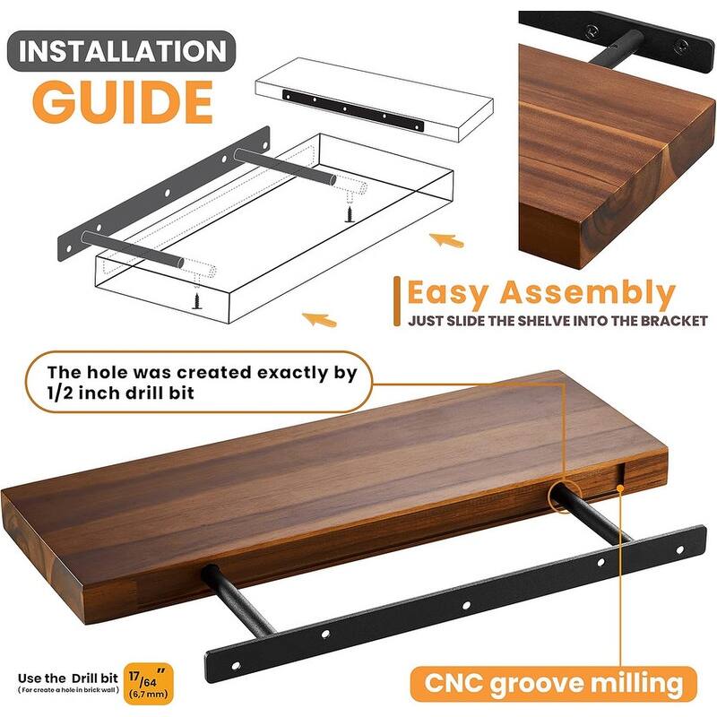 Acacia Wood Floating Shelves Wall Mounted Set of 2