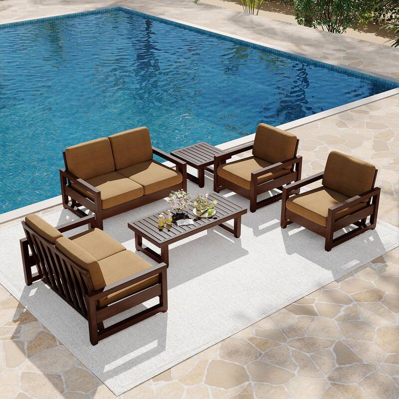 7-Piece Outdoor Teak Wood Conversation Set with Loveseat, Chairs and Tables - Light Brown/Tan wood