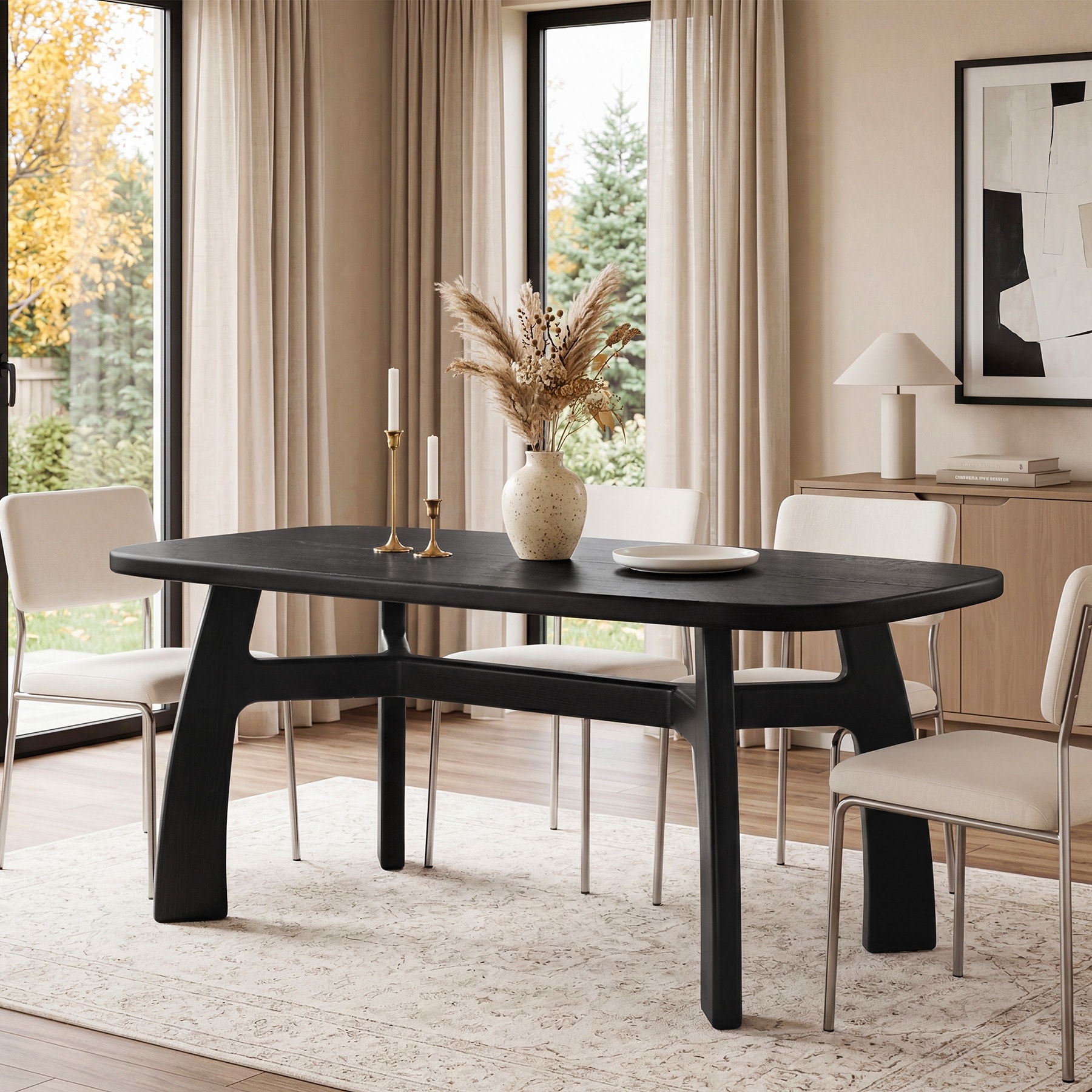 63-Inch Modern Dining Table for 6-8, Solid Fir Wood Kitchen Table